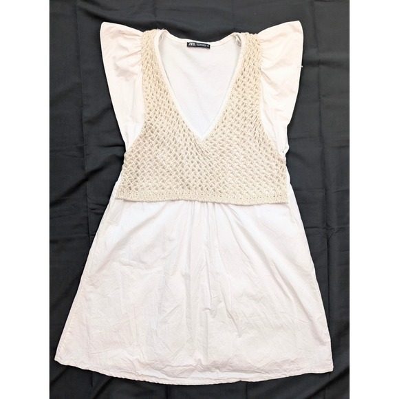 Zara Dresses & Skirts - Zara White & Beige Open Crochet Faux Vest‎ Tunic Dress Women's Size Small